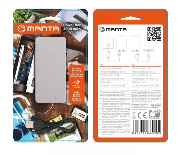 Manta PowerBank MANTA MPB002 4000 mAh Bialy - 1404214 - zdjęcie 2